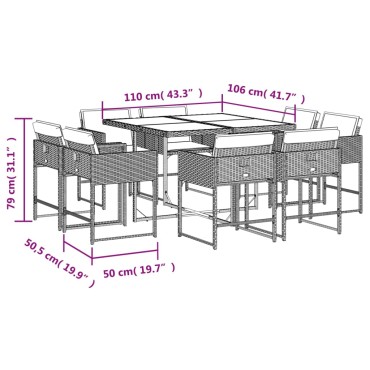 vidaXL Σετ Τραπεζαρίας Κήπου 9 τεμ. Γκρι Συνθ. Ρατάν με Μαξιλάρια 45,5x38cm