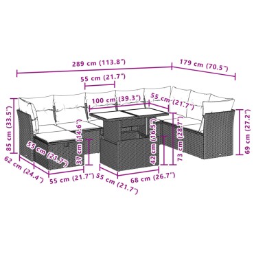 vidaXL Σαλόνι Κήπου Σετ 9 τεμ. Μπεζ Συνθετικό Ρατάν με Μαξιλάρια 55x55cm