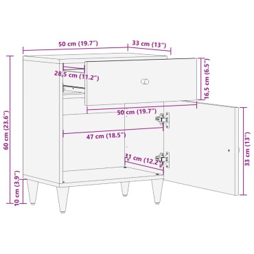 vidaXL Κομοδίνο 50x33x60cm από Μασίφ Ξύλο Μάνγκο 1 τεμ.