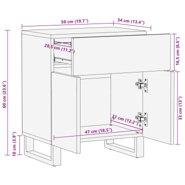 vidaXL Κομοδίνο Καφέ 50x34x60cm από Μασίφ Ξύλο Μάνγκο 1 τεμ.