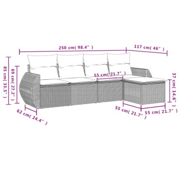 vidaXL Σαλόνι Κήπου Σετ 5 τεμ. Γκρι Συνθετικό Ρατάν με Μαξιλάρια 55x55cm