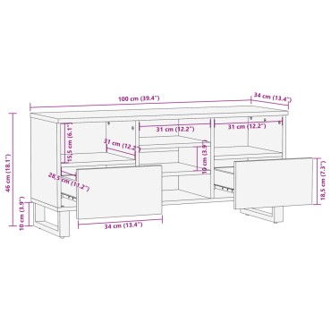 vidaXL Έπιπλο Τηλεόρασης 100x34x46cm Μασίφ Ακατέργ. Ξύλο Μάνγκο 1 τεμ.