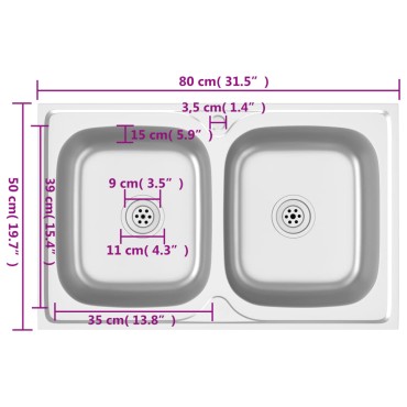 vidaXL Νεροχύτης Διπλή Γούρνα Ασημί 800x500x155 χιλ. Ανοξείδωτο Ατσάλι