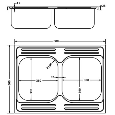 vidaXL Νεροχύτης Διπλή Γούρνα Ασημί 800x600x155 χιλ. Ανοξείδωτο Ατσάλι