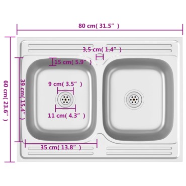 vidaXL Νεροχύτης Διπλή Γούρνα Ασημί 800x600x155 χιλ. Ανοξείδωτο Ατσάλι