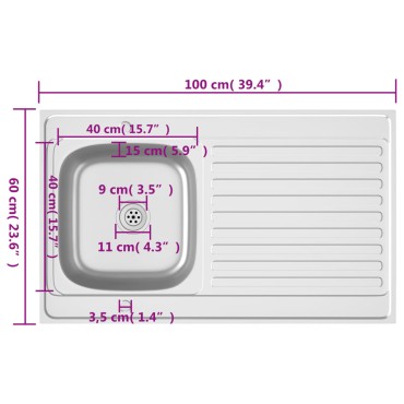 vidaXL Νεροχύτης + Ποδιά Σετ Ασημί 1000x600x155 χιλ. Ανοξείδωτο Ατσάλι