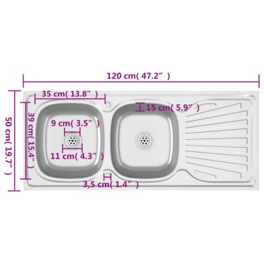 vidaXL Νεροχύτης Διπλή Γούρνα Ασημί 1200x500x155 χιλ. Ανοξείδ. Ατσάλι