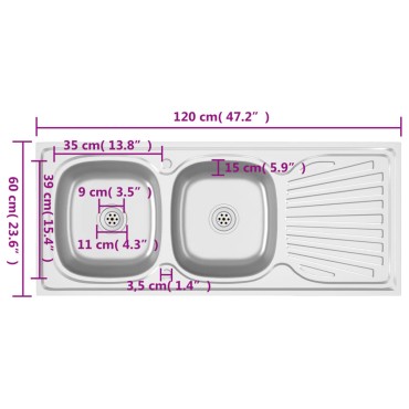 vidaXL Νεροχύτης Διπλή Γούρνα Ασημί 1200x600x155 χιλ. Ανοξείδ. Ατσάλι